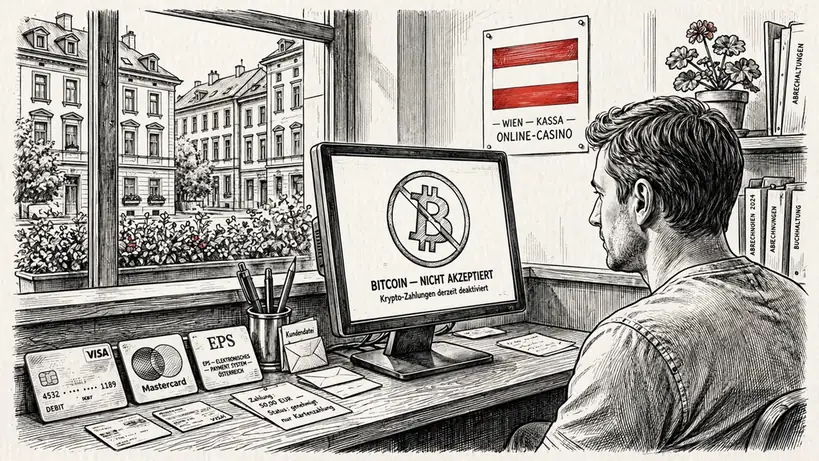 Kassentheke mit traditionellen Karten und durchgestrichenem Bitcoin‑Symbol