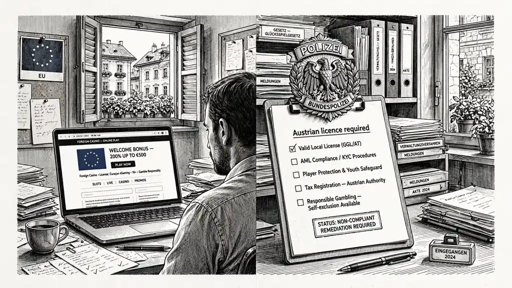 EU‑Flagge und ausländische Casino‑Webseite neben österreichischem Polizeiabzeichen
